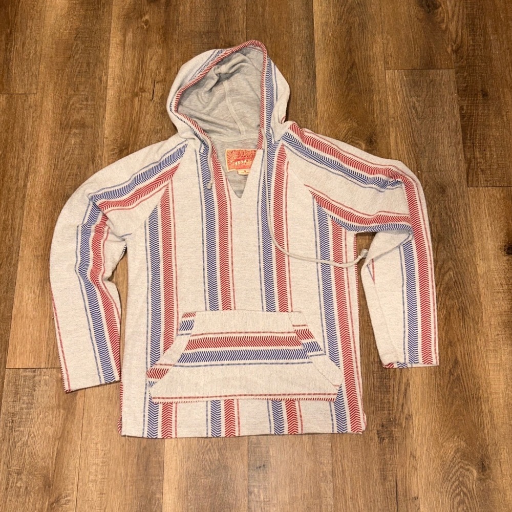 Brooklyn Cloth Mens Baja Hoodie Red Blue Striped Pullover Sweatshirt Small
